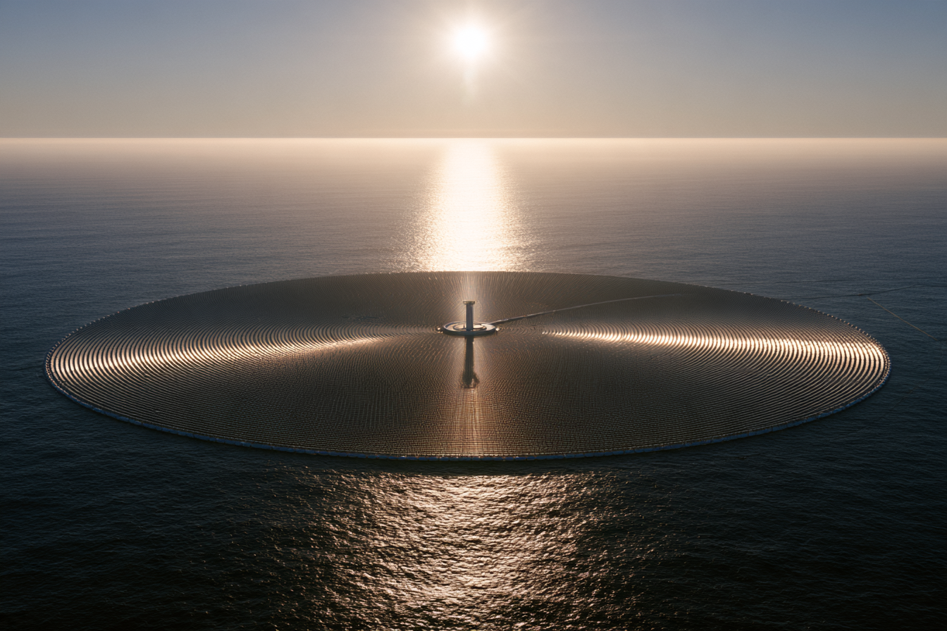 The solar farm floats in an endless hot ocean