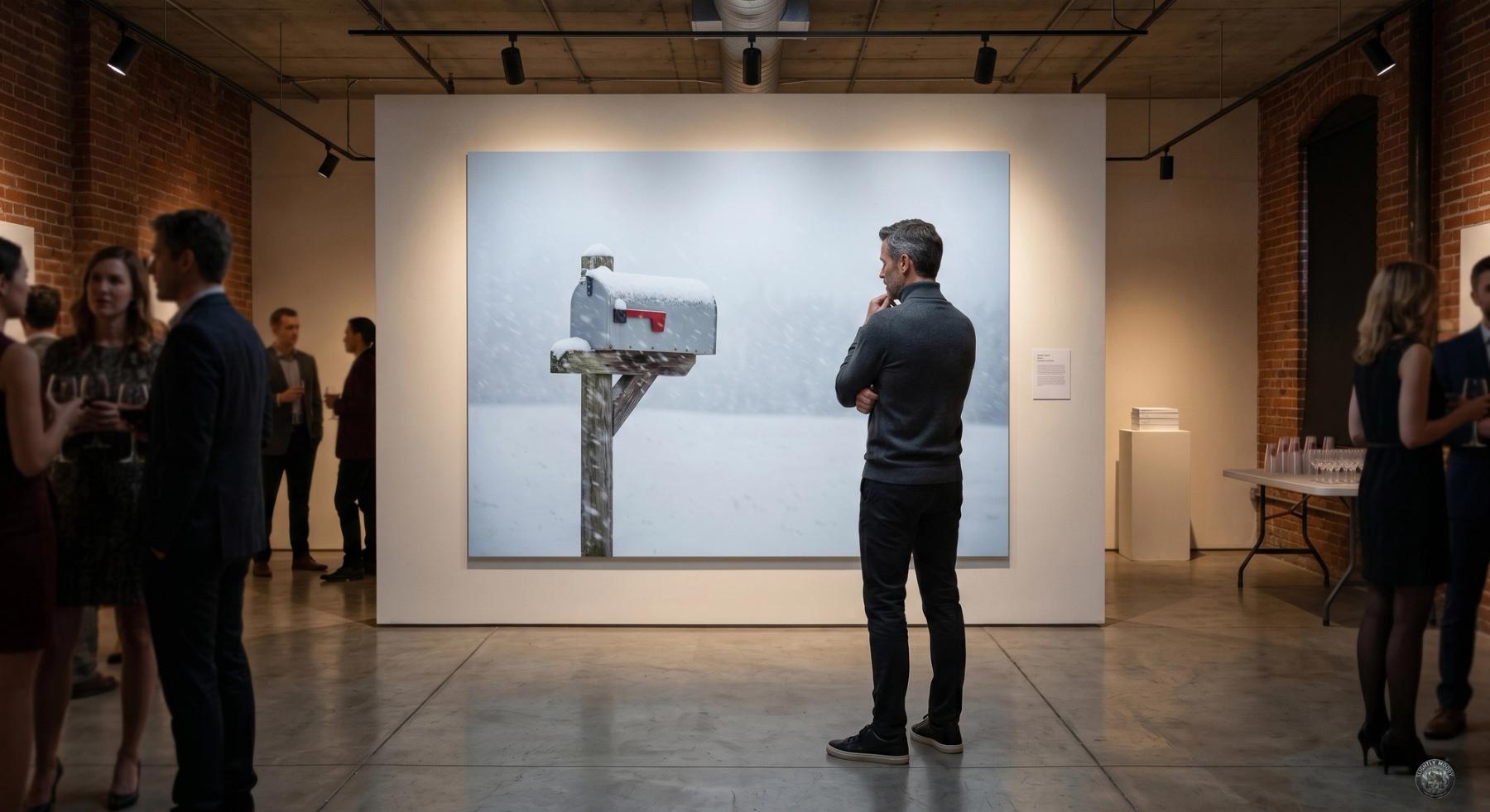 A man considers a large piece of art, a photograph of a mailbox