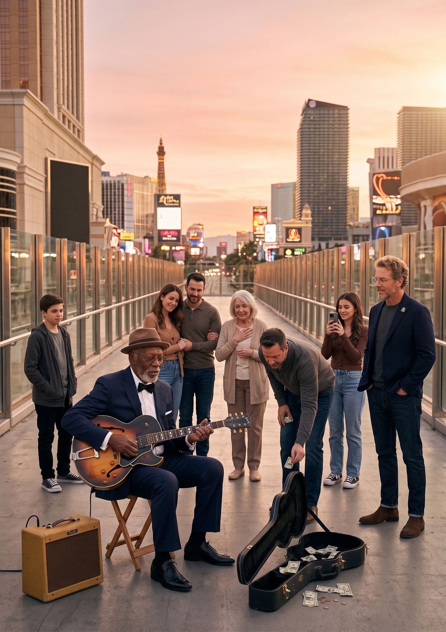 Riley James, an elderly Mississippi bluesman in a suit and fedora, playing electric guitar on a Las Vegas pedestrian bridge