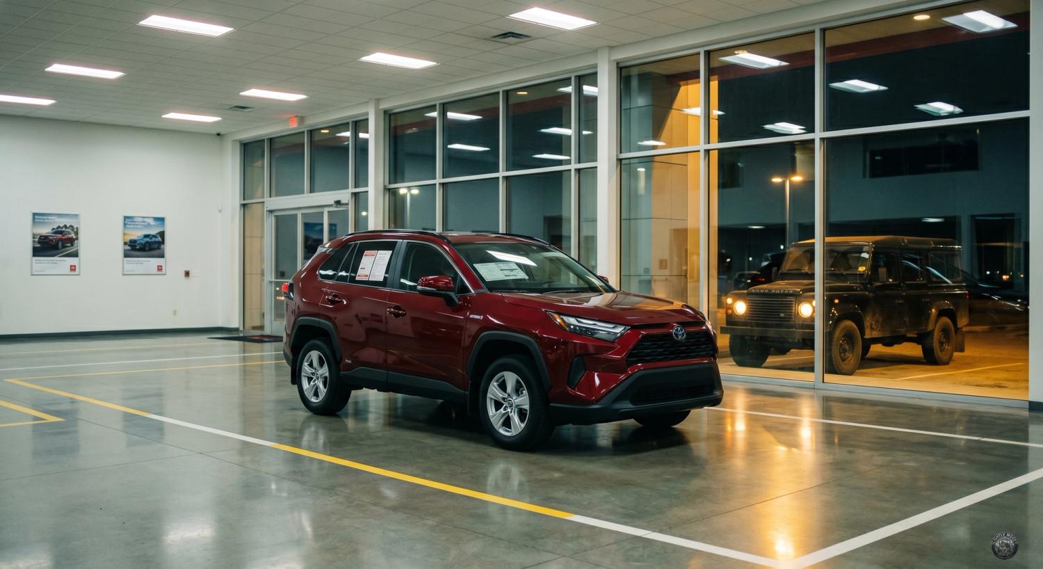 Dixon's new wine red Toyota RAV4 Hybrid on the showroom floor