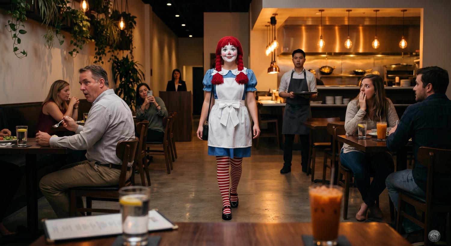 Becca enters the restaurant, in costume