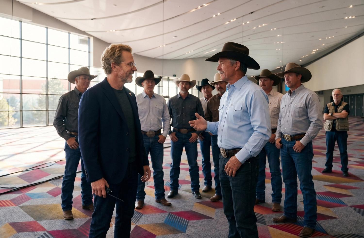 Dixon talks to the cowboys in the Venetian Convention Center Lobby