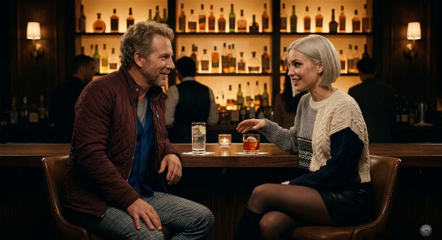 Dixon and Sloane in conversation at a bar