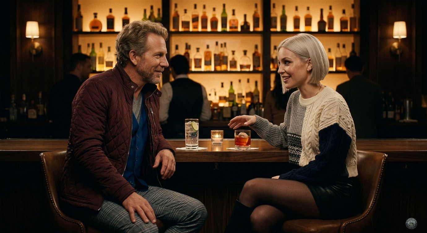 Dixon and Sloane in conversation at a bar