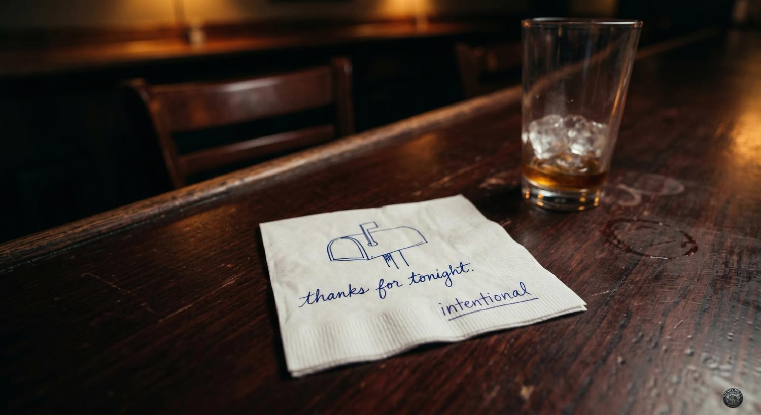A photo of a napkin on a table with a sketch of a mailbox