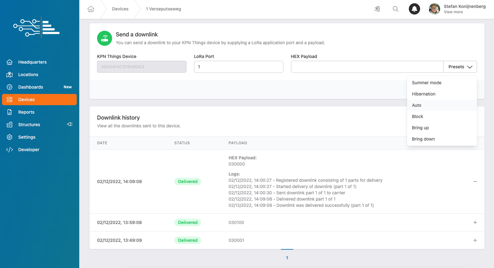 Collactr device details - sending downlinks