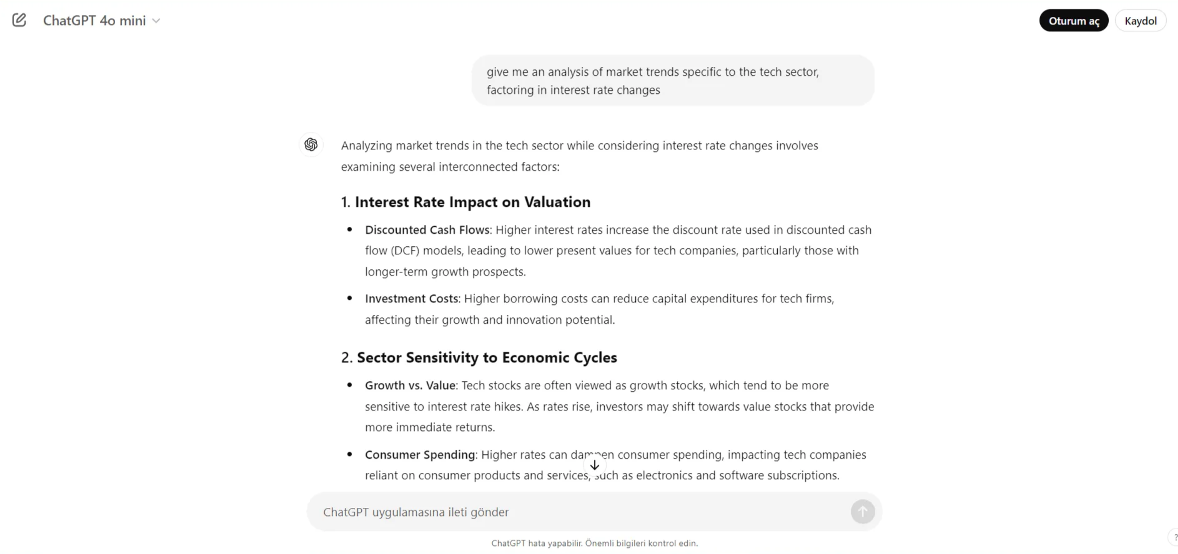 a screenshot of a contextual ChatGPT prompt on market trends specific to the tech sector