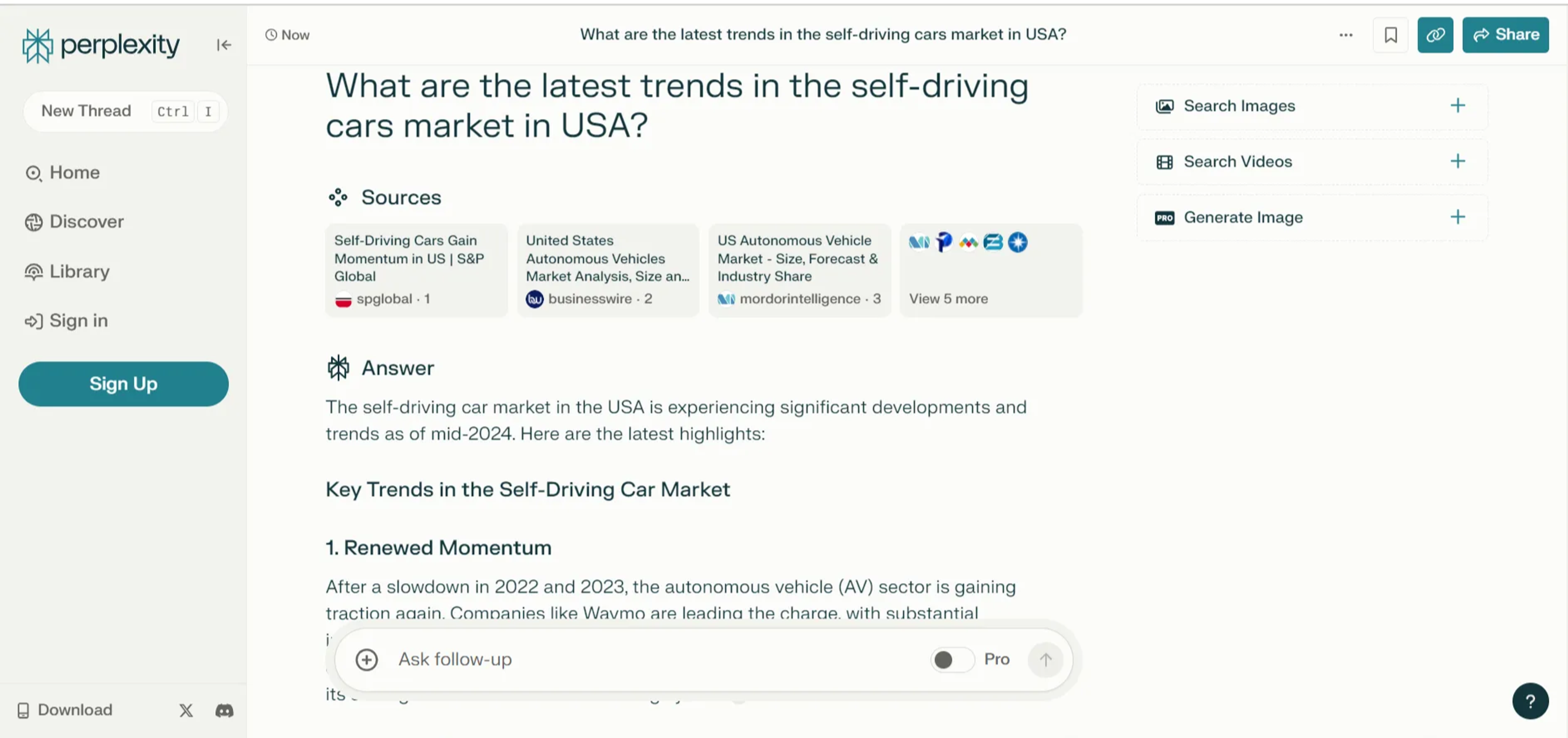 ***Perplexity AI query testing (Self-driving cars market in USA) 