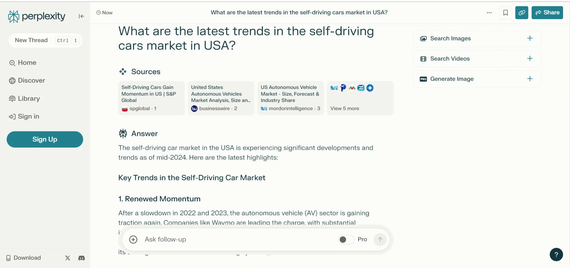 ***Perplexity AI query testing (Self-driving cars market in USA)
