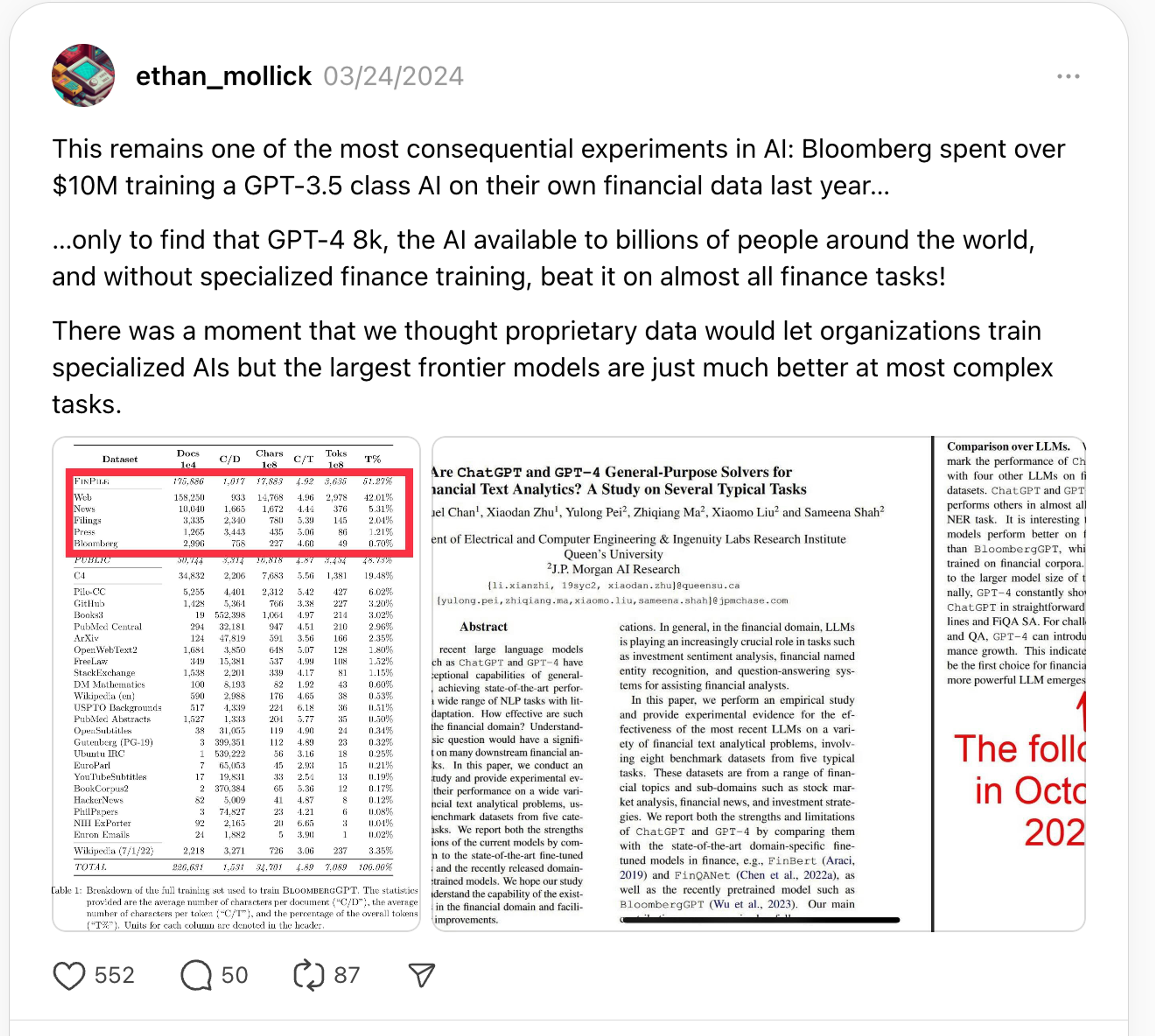 A Linkedln post about Bloomberg failing on its own GPT-model.