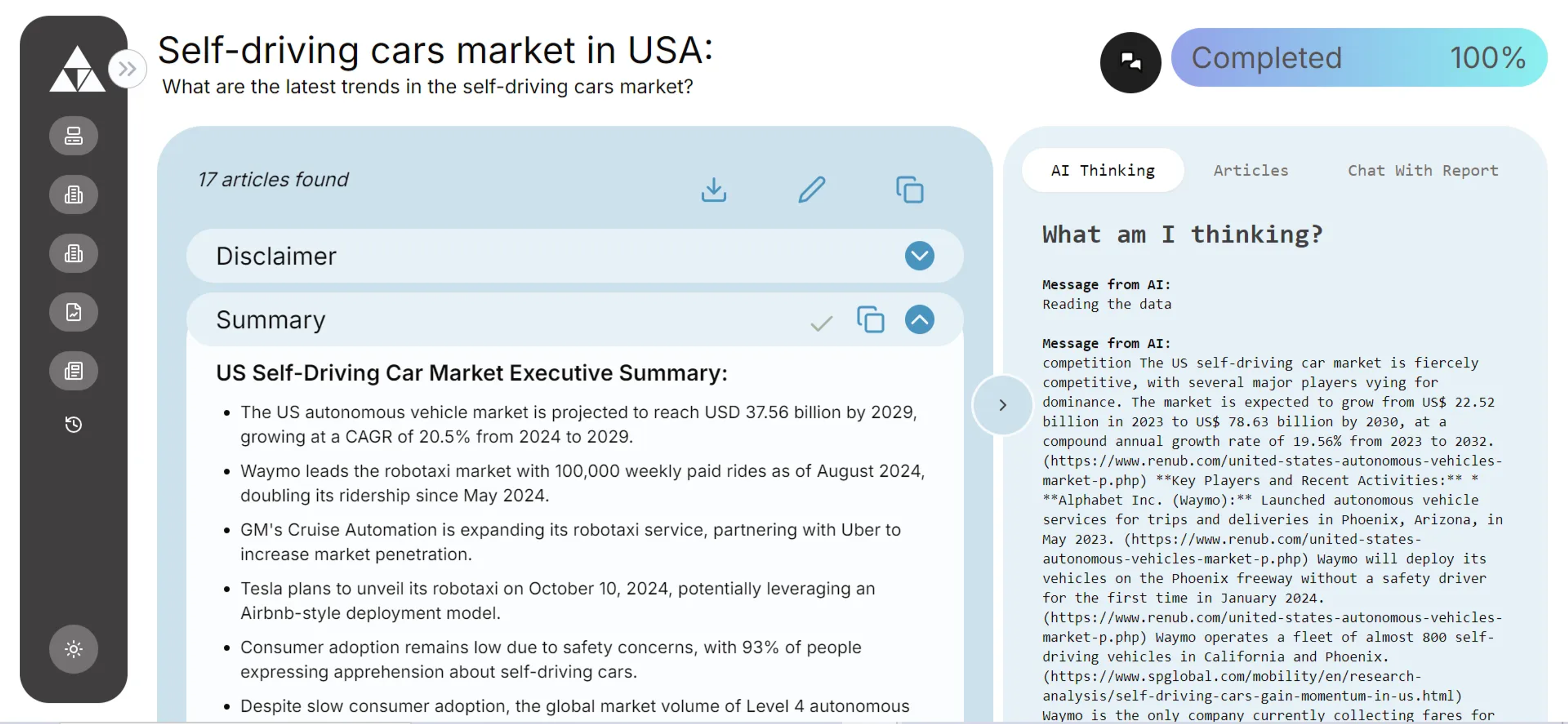 . ***AnalystAI query testing (Self-driving cars market in USA) 