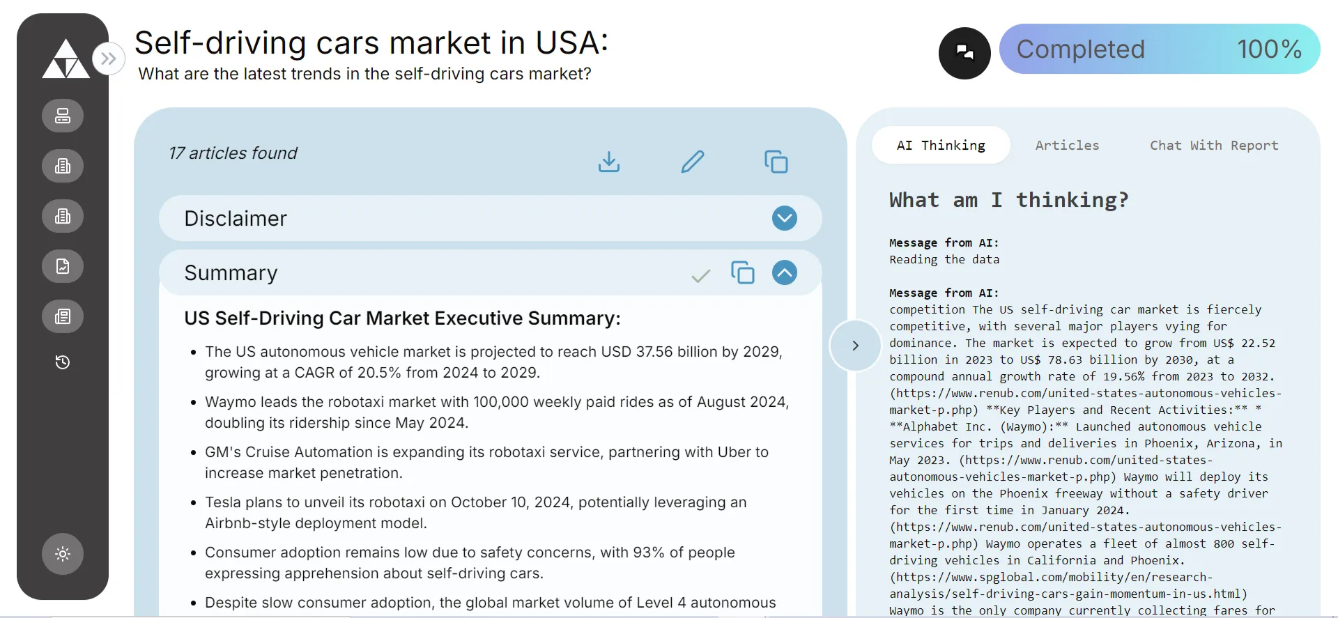 . ***AnalystAI query testing (Self-driving cars market in USA)