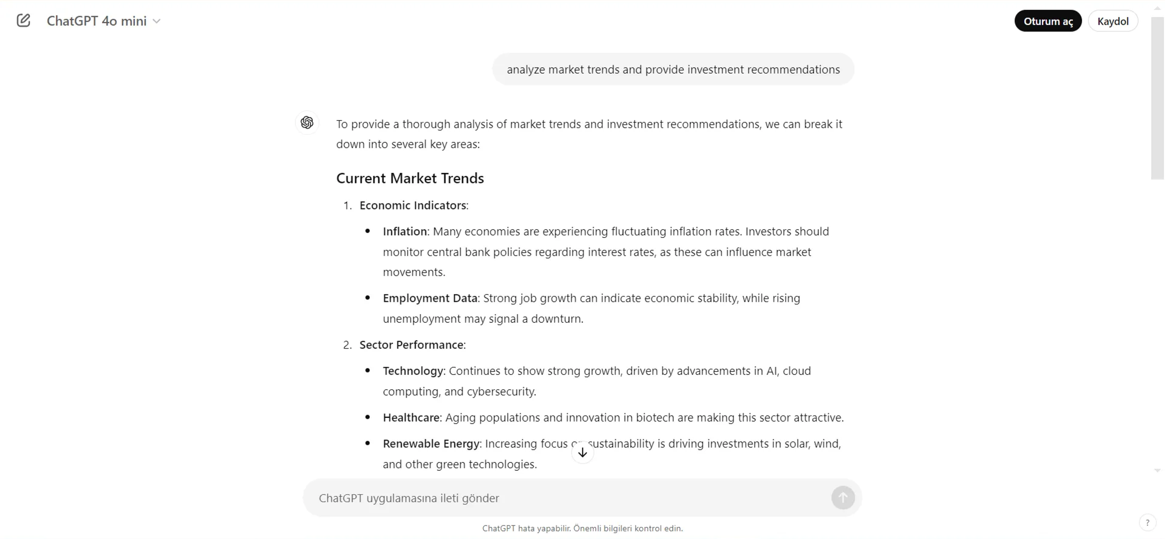 a screenshot of a basic GPT-4 prompt on market trends and investment recommendations