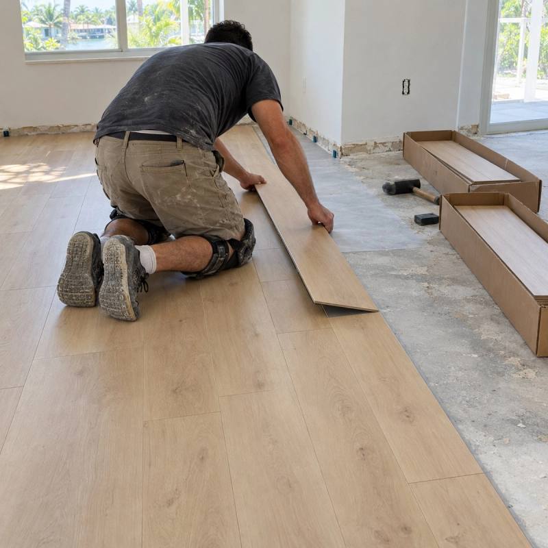 Illustration of an installer laying waterproof vinyl plank flooring