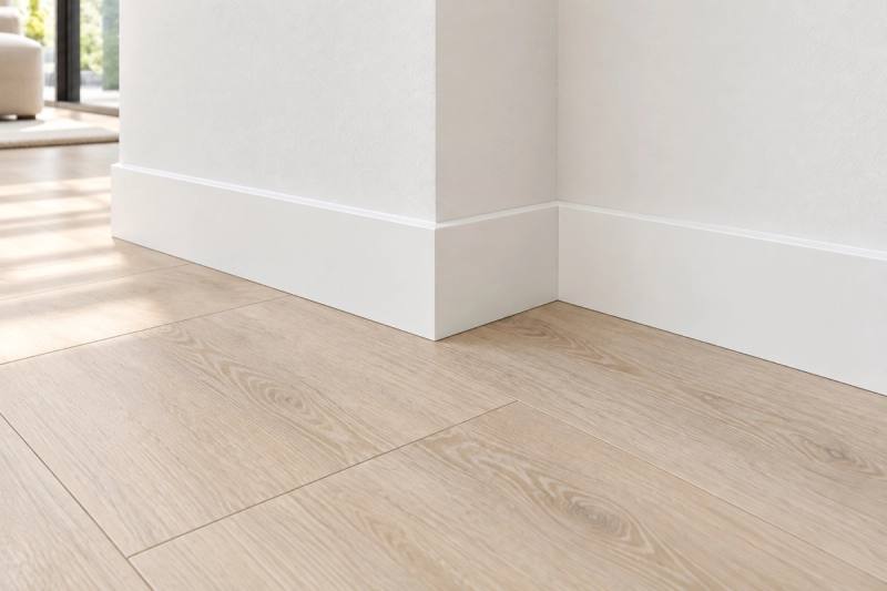 Illustration of a 1x4 white baseboard installed above a vinyl floor