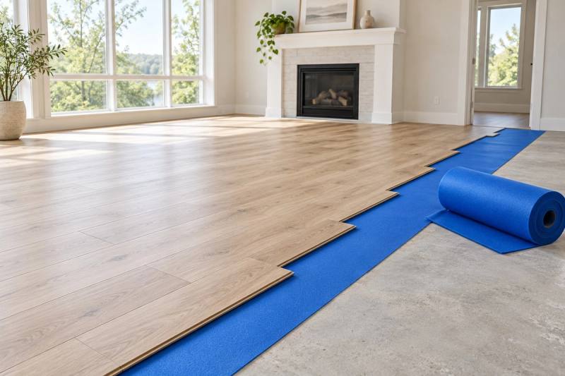 Illustration of blue underlayment being laid under wood-look flooring