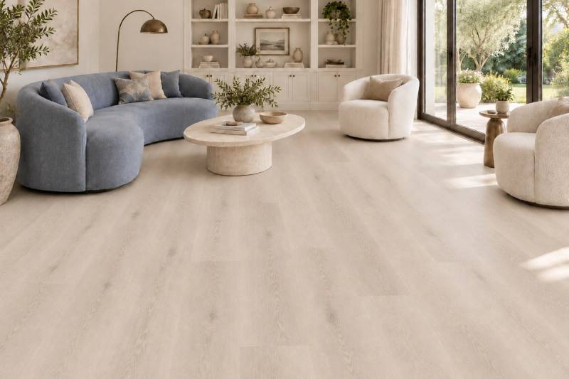 Illustration of Solenne Beige vinyl in a living room