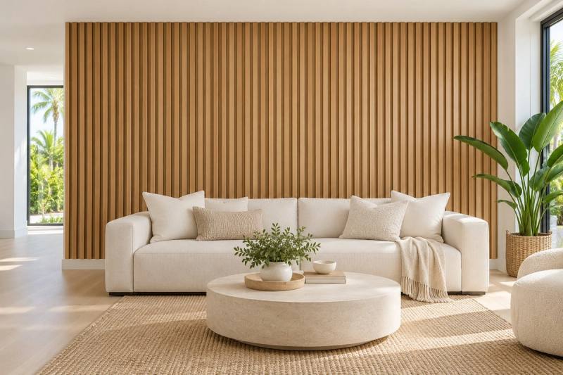 Illustration of a living room accent wall covered in light oak slat panels