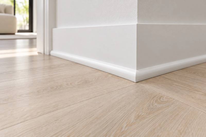 Illustration of white shoe molding installed where the baseboard meets the floor