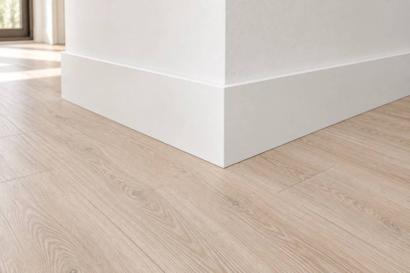 Illustration of a 1x6 white baseboard installed above a vinyl floor