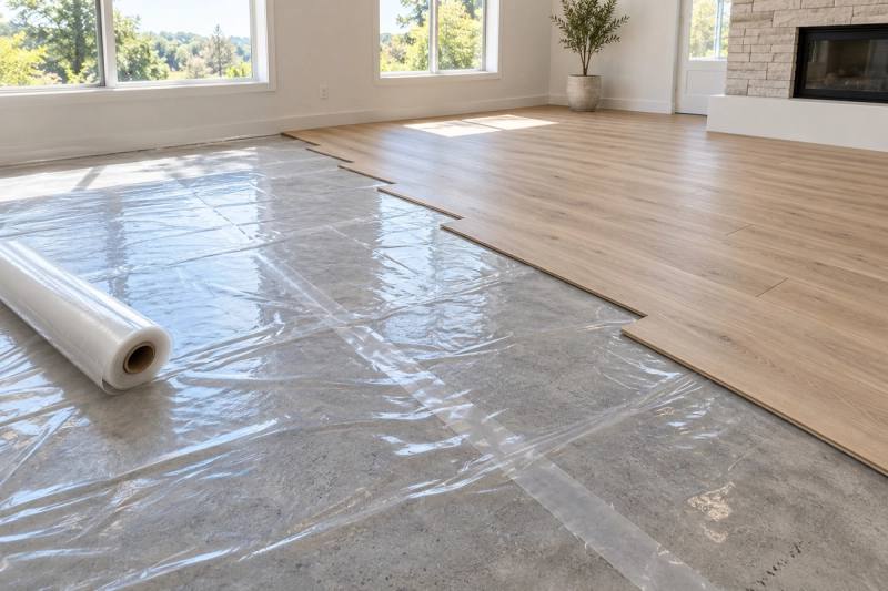 Illustration of clear plastic moisture barrier over a concrete slab under wood-look flooring