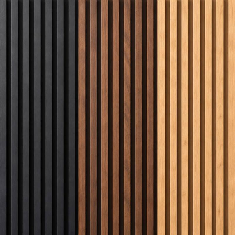 Close-up of slat wall panels in black, walnut and light oak
