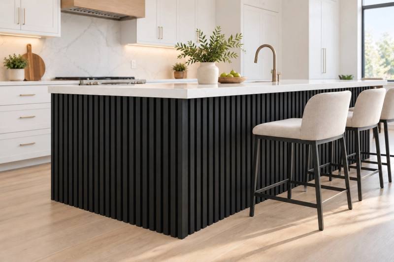Illustration of a kitchen island wrapped in black slat panels