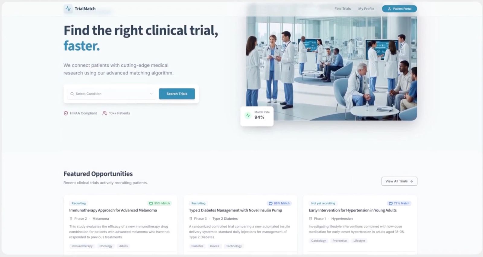 Citeline TrialMatch prototype interface showing AI-powered patient-to-clinical-trial matching built on Replit