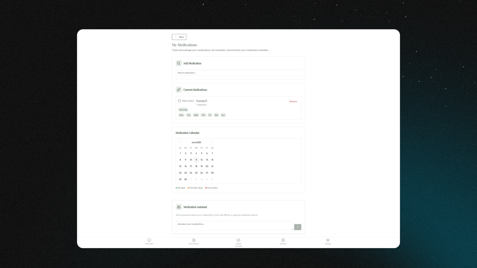 Medication management screen showing drug database with AI-powered side effect checker built on Replit