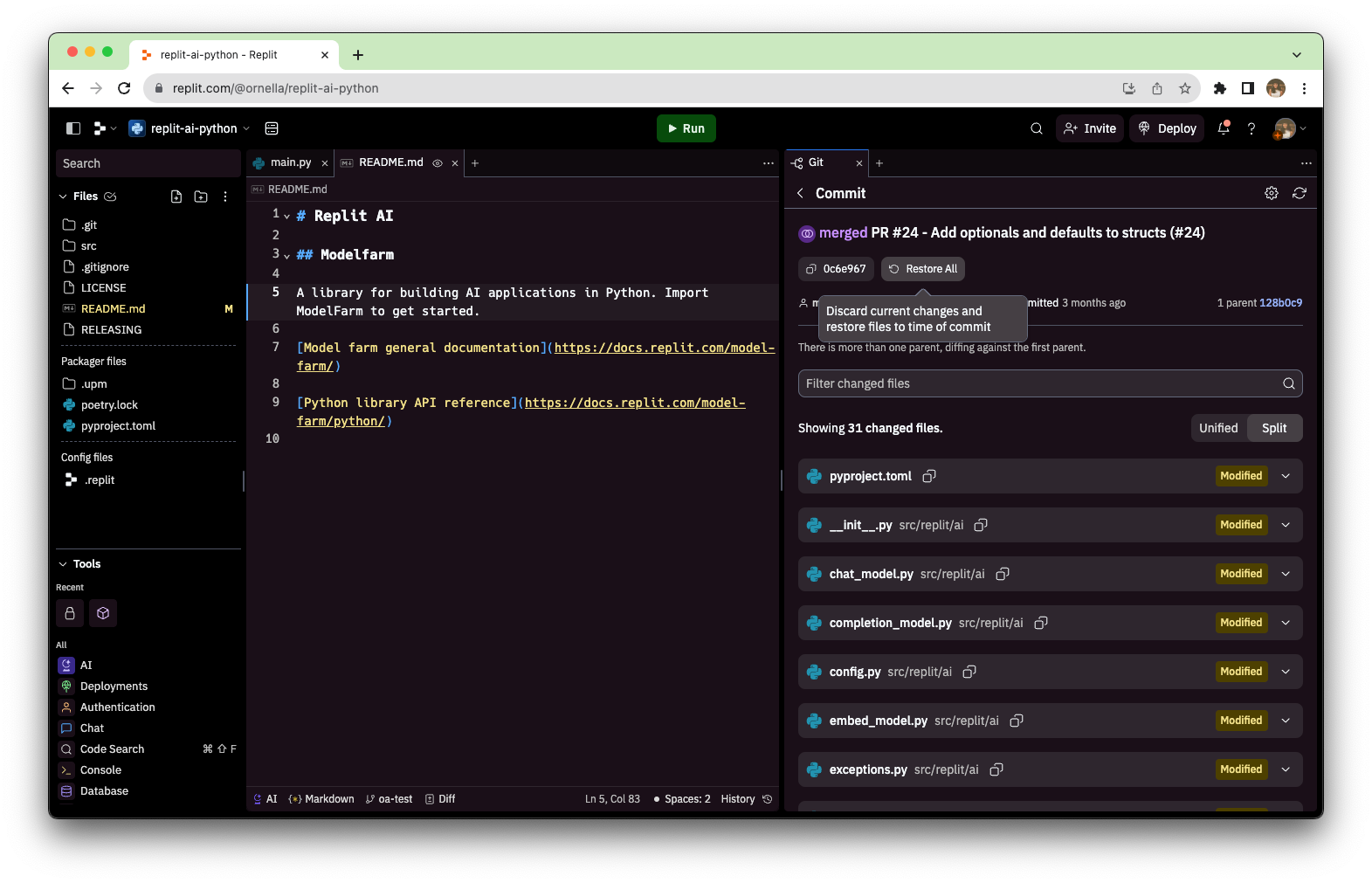 Restore your repo to a specific commit