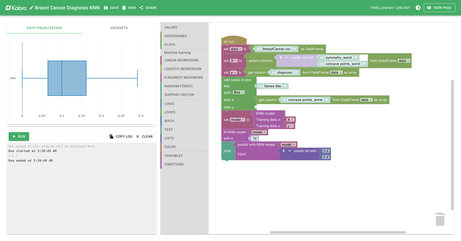 A Kobra program using a machine learning model to diagnose breast cancer