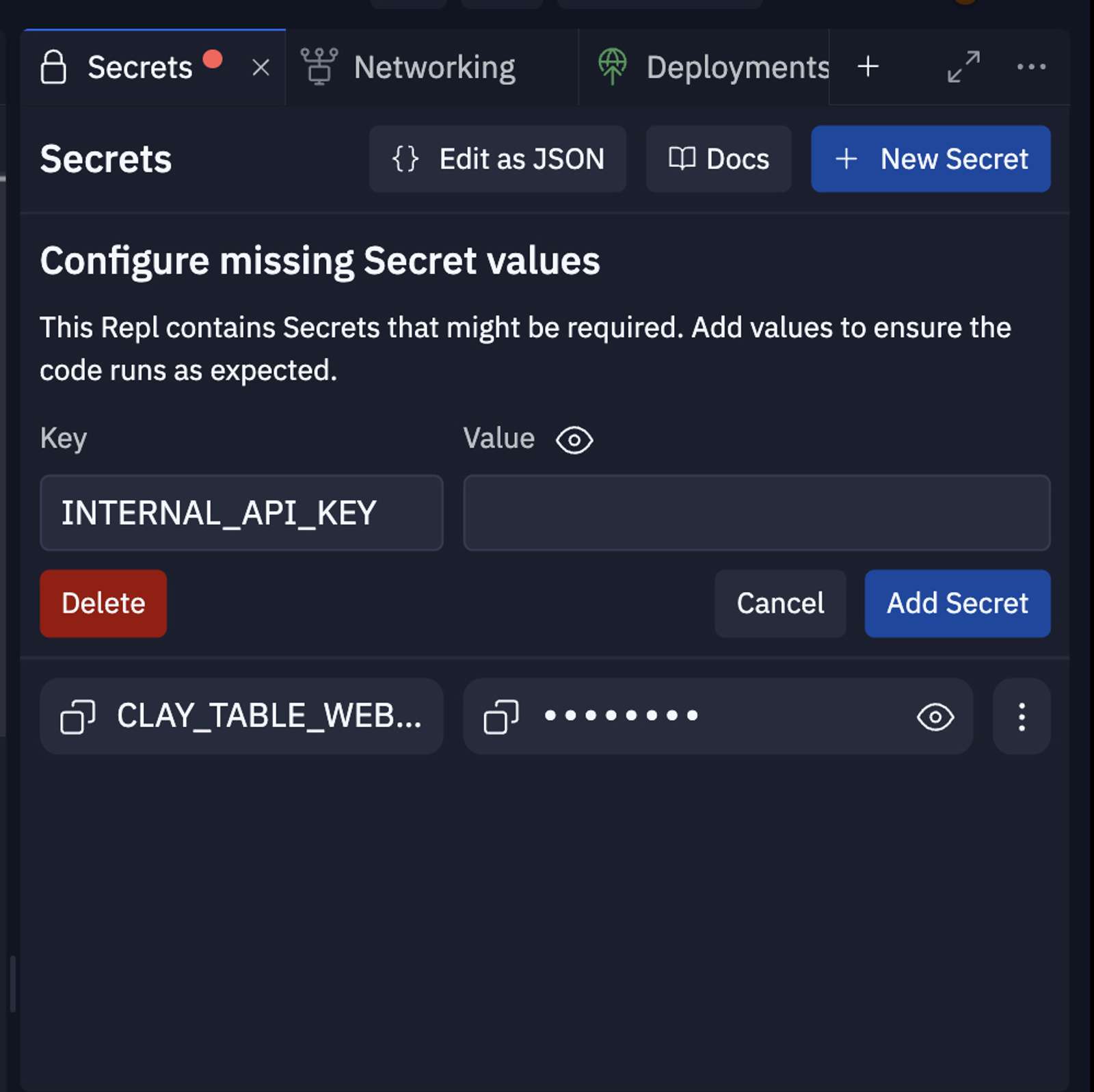 Replit Secrets screen with CLAY_TABLE_WEBHOOK Secret filled