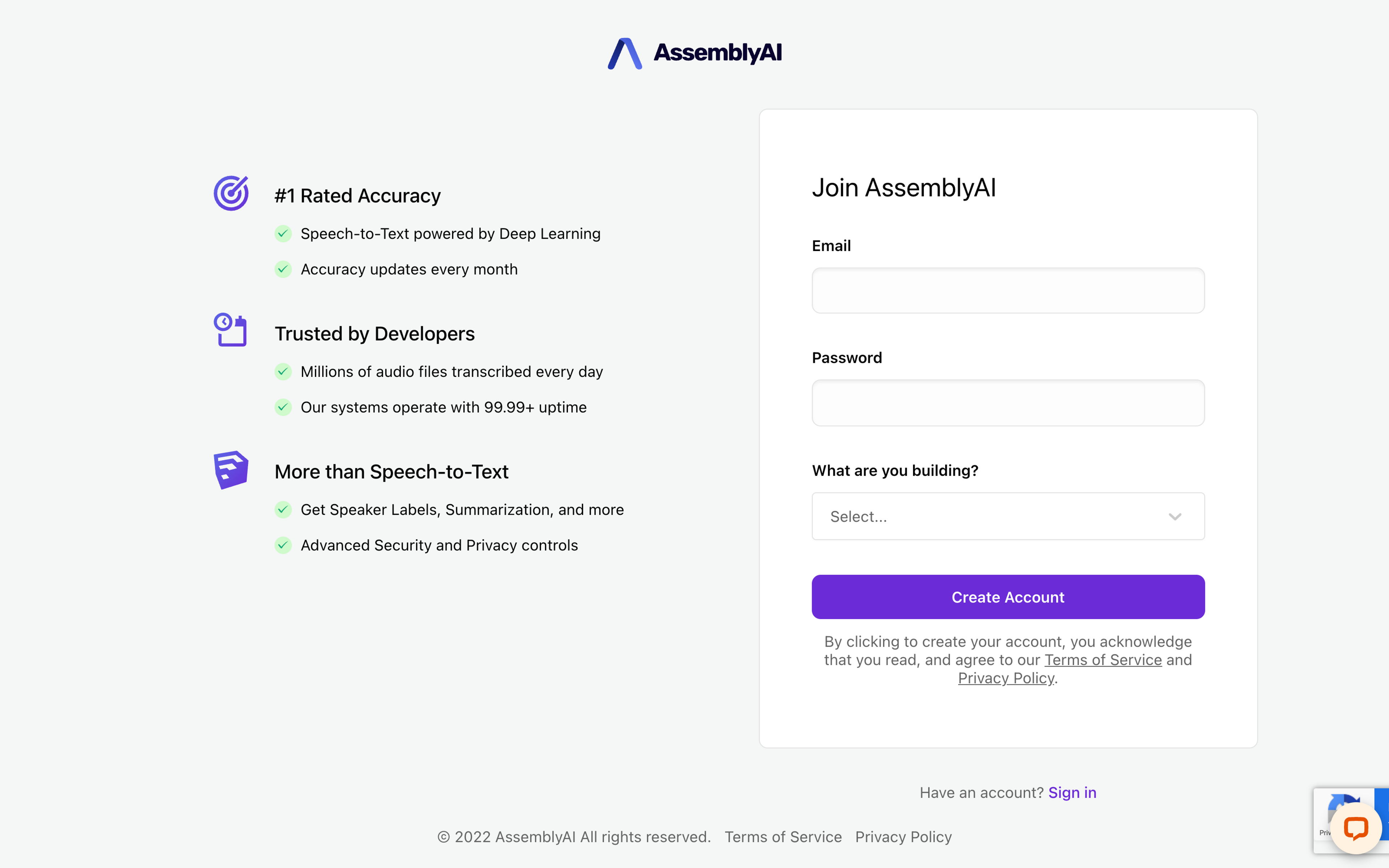 AssemblyAI sign-up form