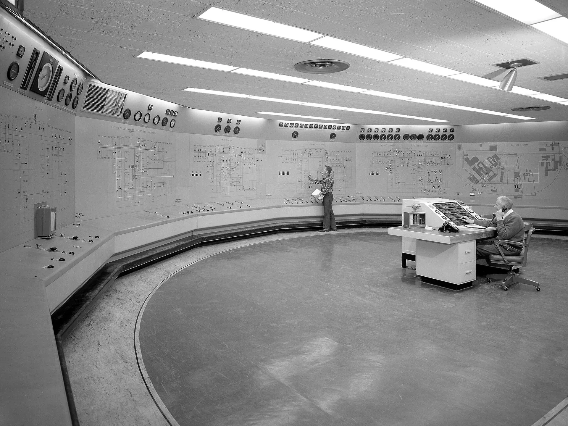 Measurement matters when it changes what ships. — NASA Lewis Research Center, Central Control Room in the Engine Research Building, 1968