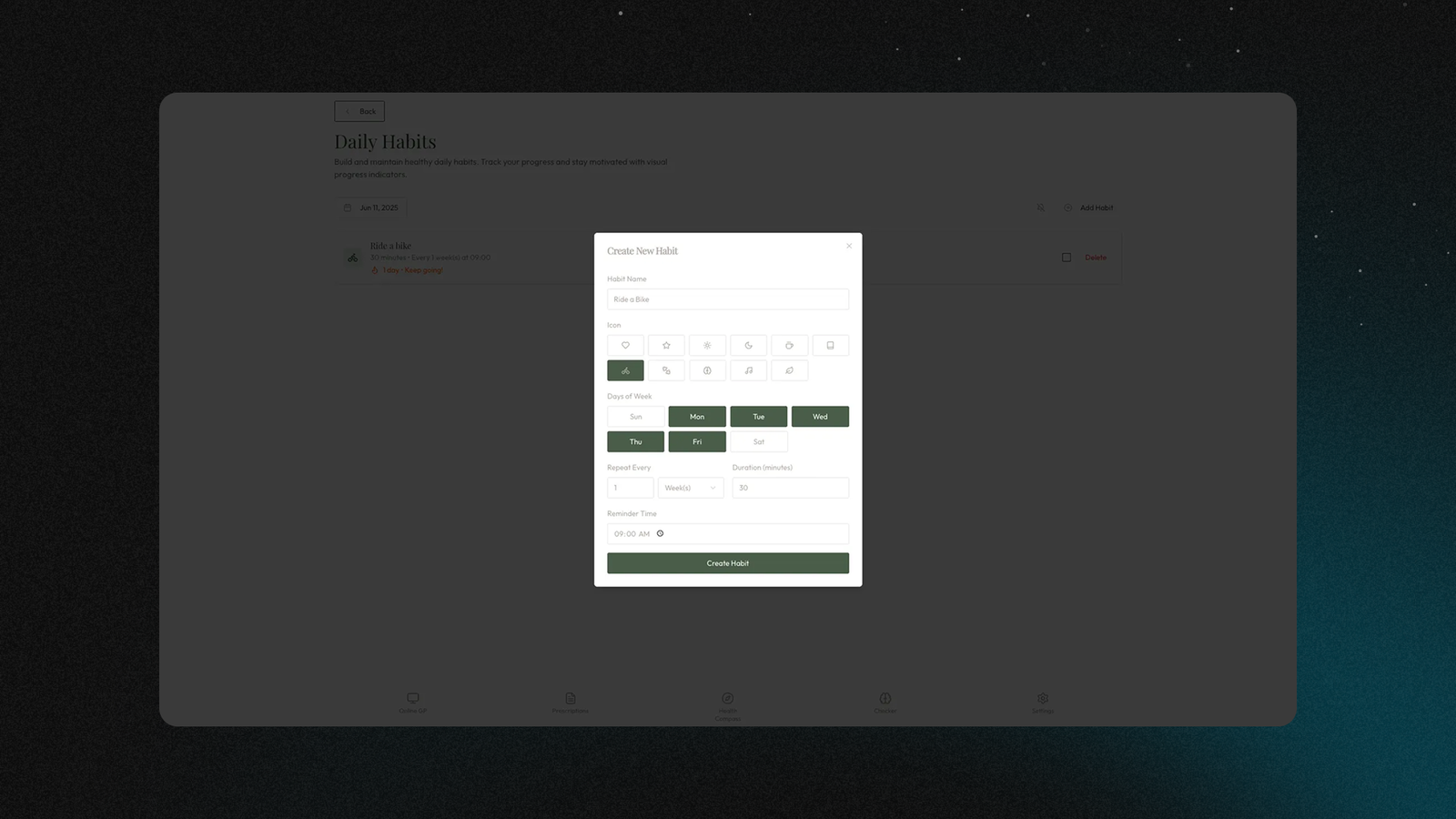 Daily habit tracker screen showing custom habits with streak counters and motivational progress animations built on Replit