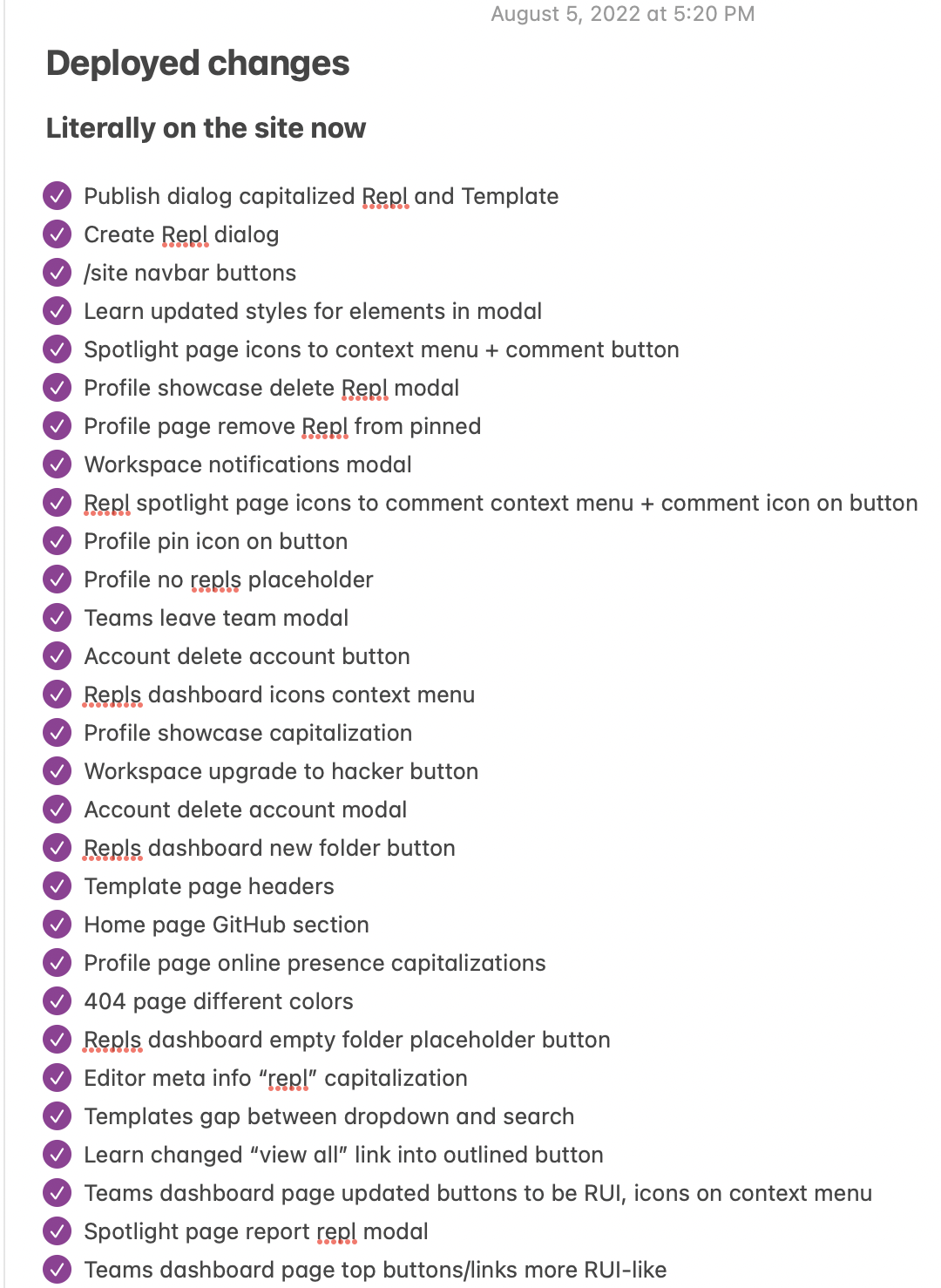 List of bug fixes