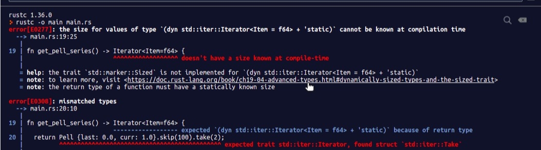 The Rust compiler often prints errors with links to relevant docs