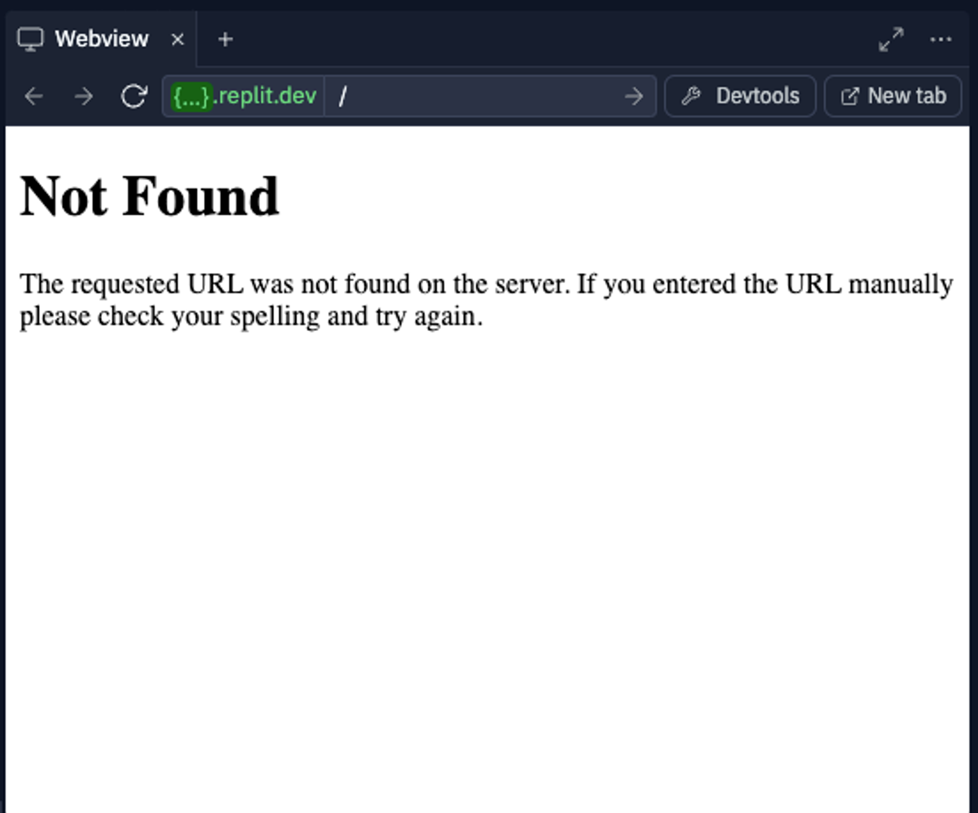 Replit WebView with title "Not Found"