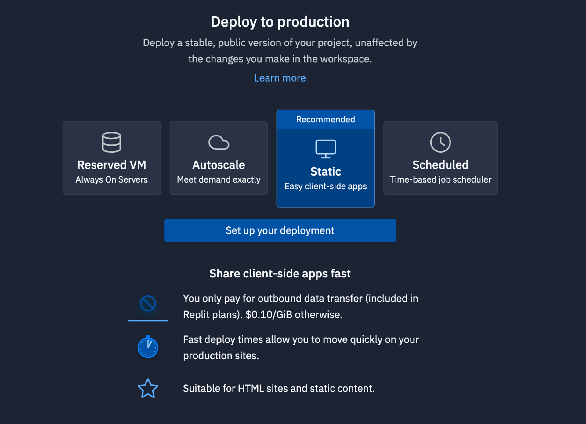 Replit Deployments selection UI