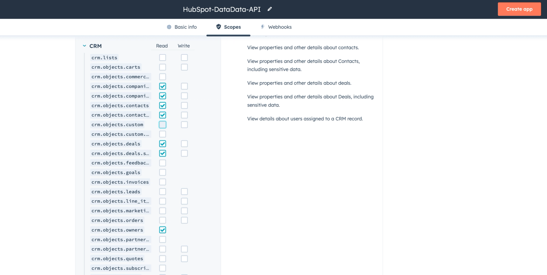 HubSpot Private app scopes UI