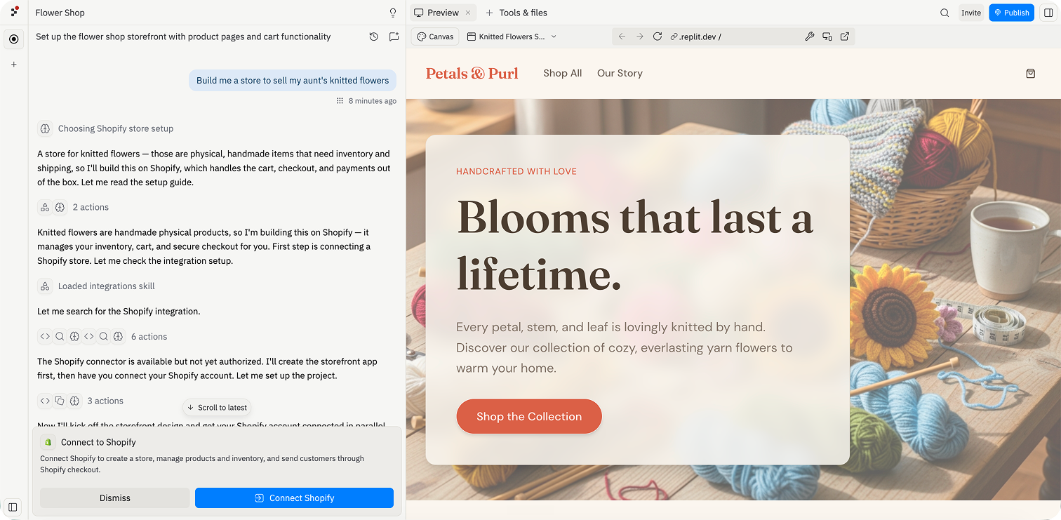 Step 1 — describe your store to the Replit Agent and it provisions Shopify in the conversation. Source: Replit