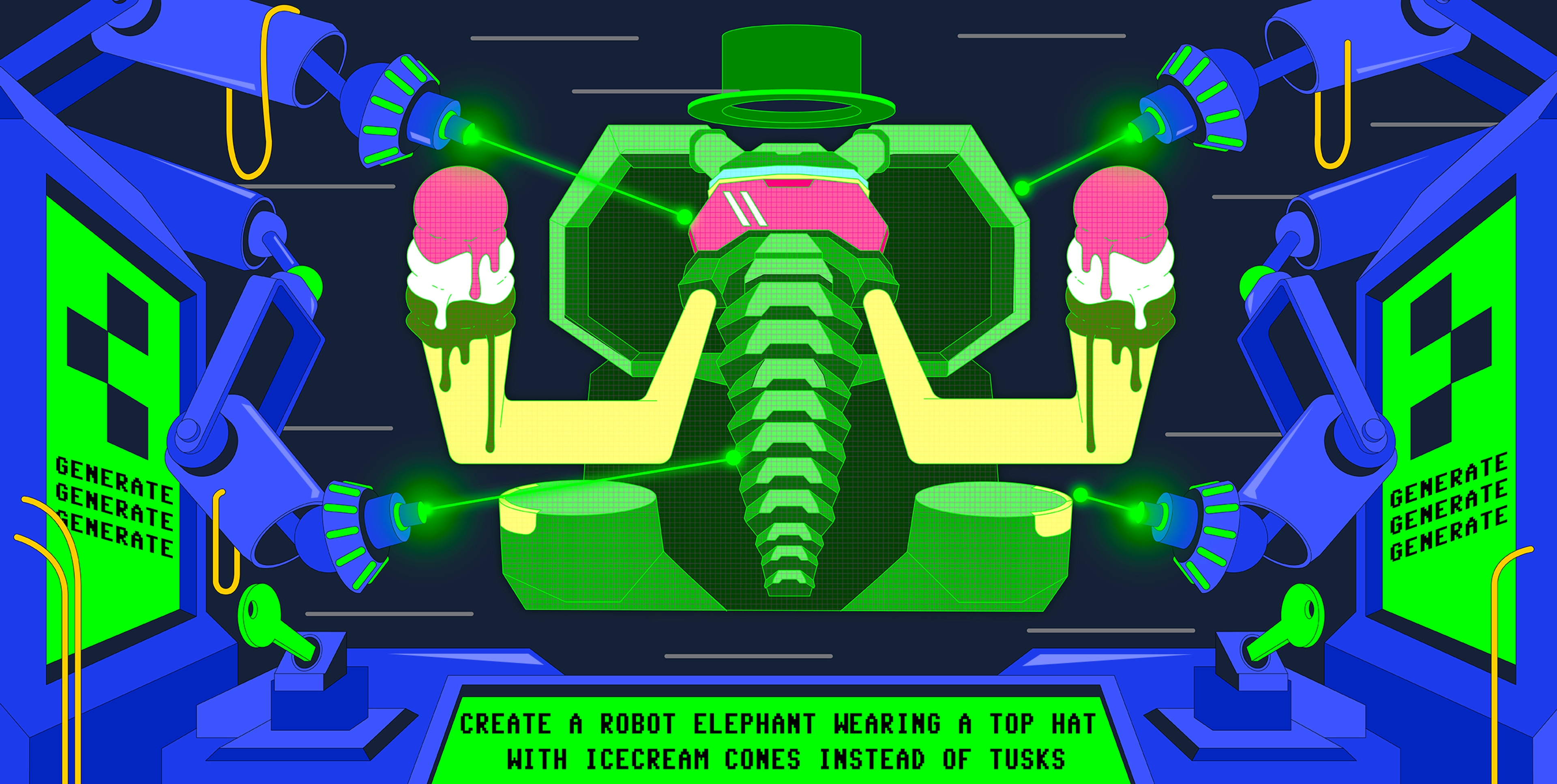 Cartoon illustration of generate code feature, showing a robot elephant wearing a top hat with icecream cones instead of tusks being generated by a machine