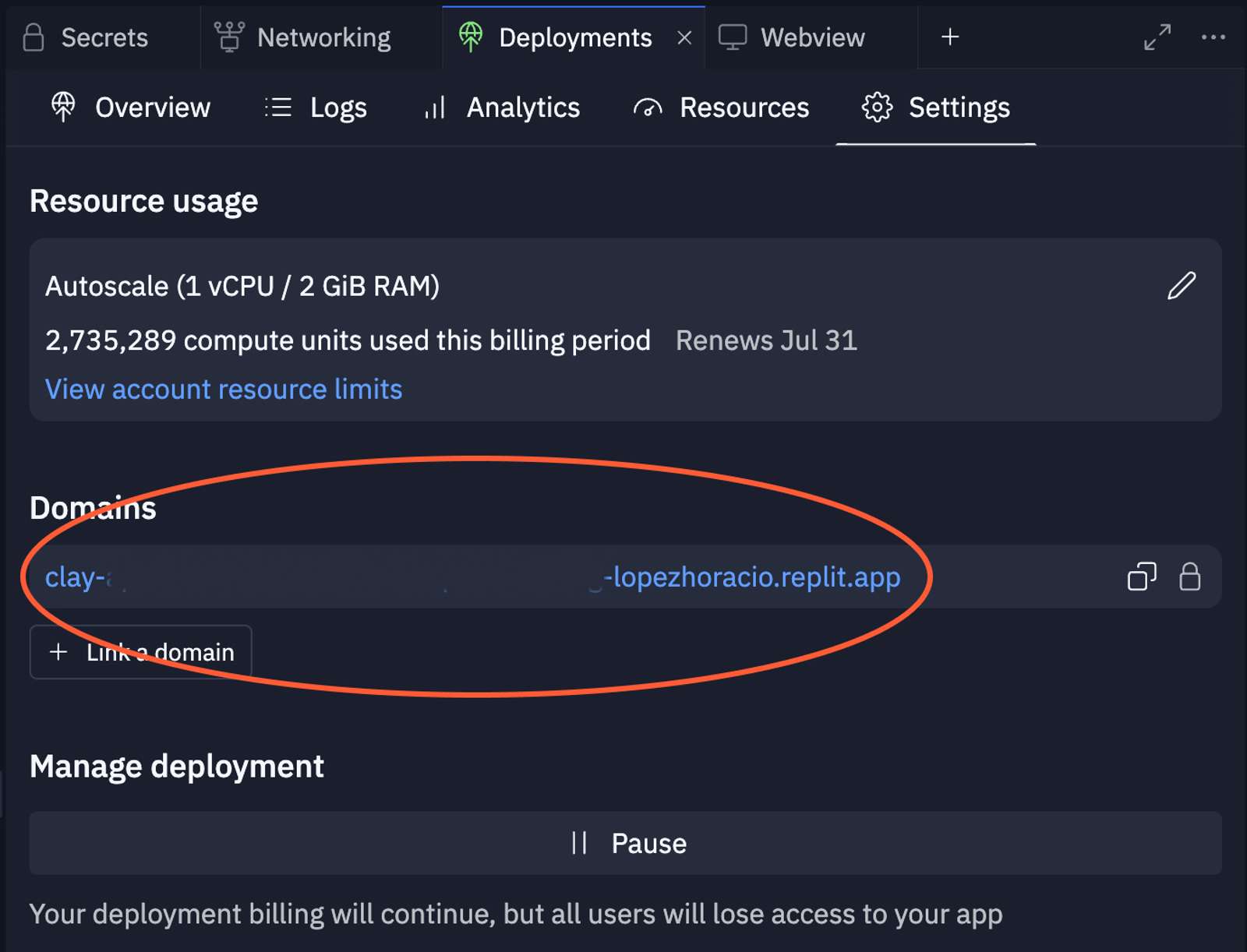 Replit Deployments settings