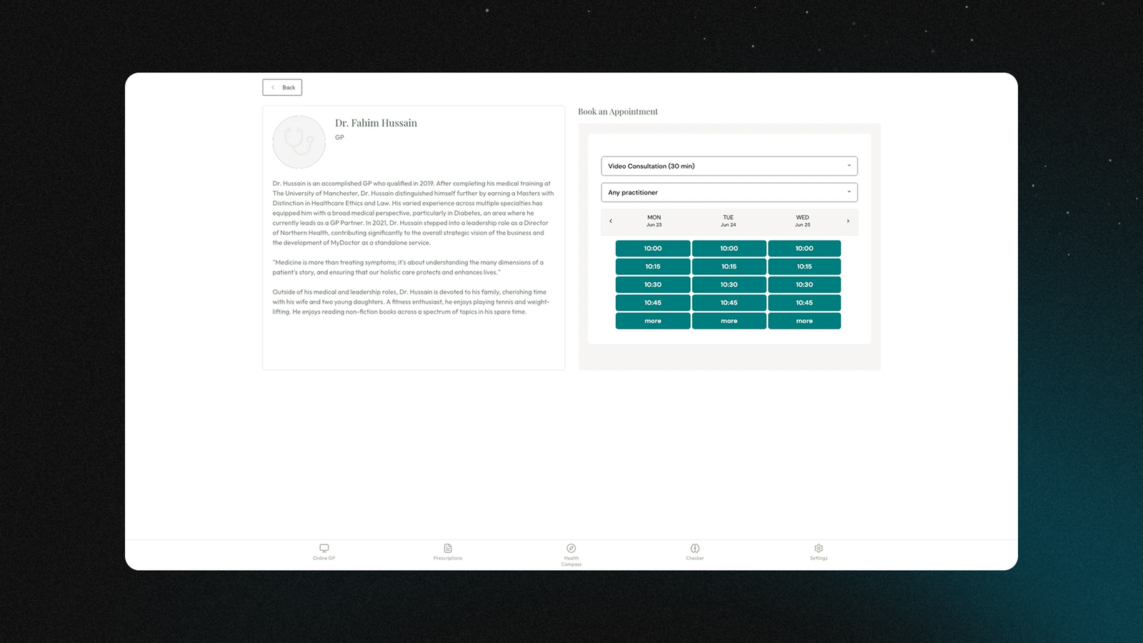 Doctor appointment booking app screen with branded UI and scheduling workflow built on Replit