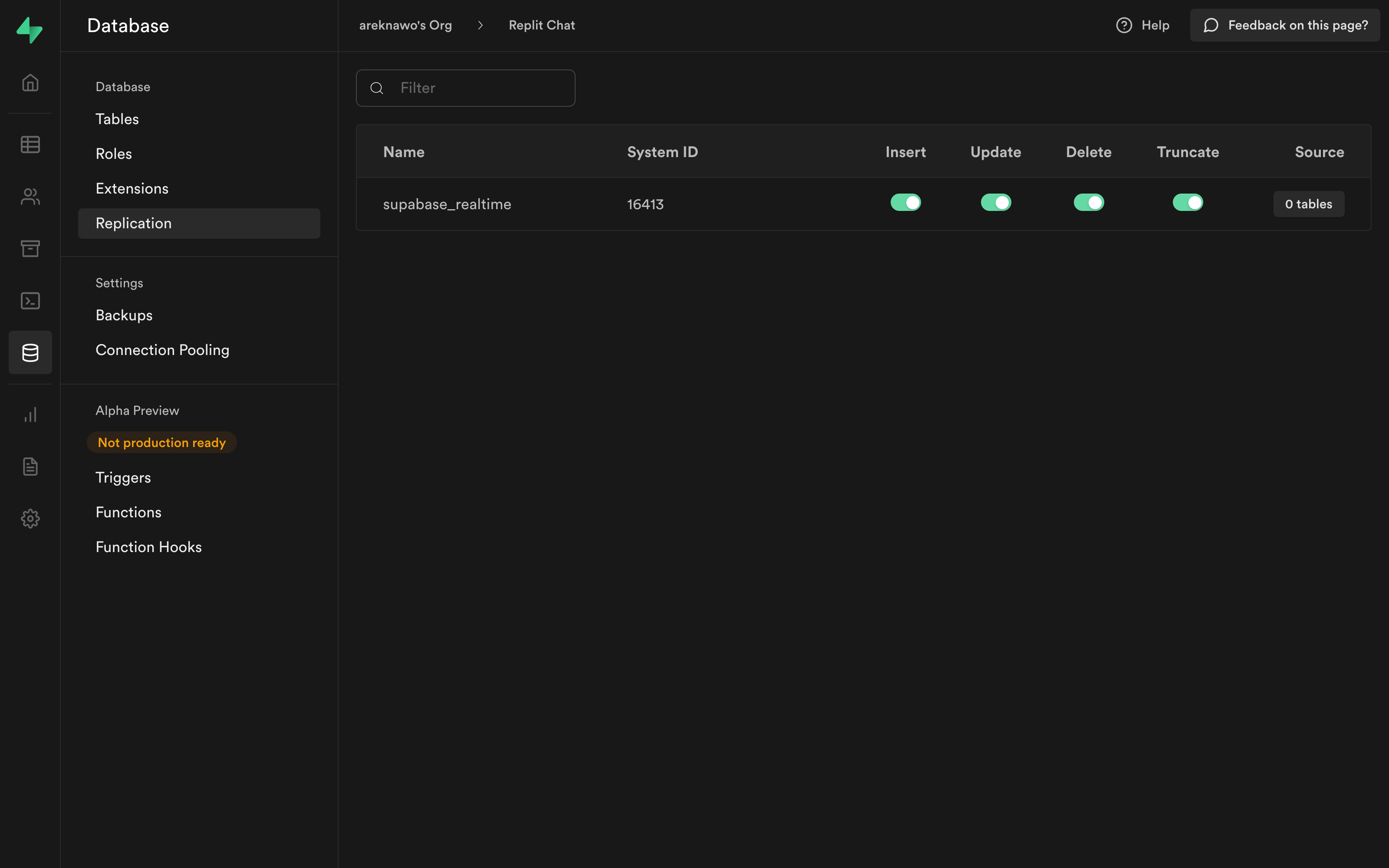 Enabling real-time events from the Supabase dashboard - step 1