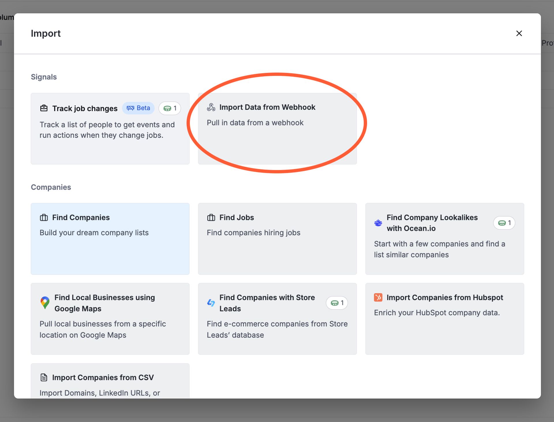 Clay import data options with a red circle around "Import Data from Webhook"