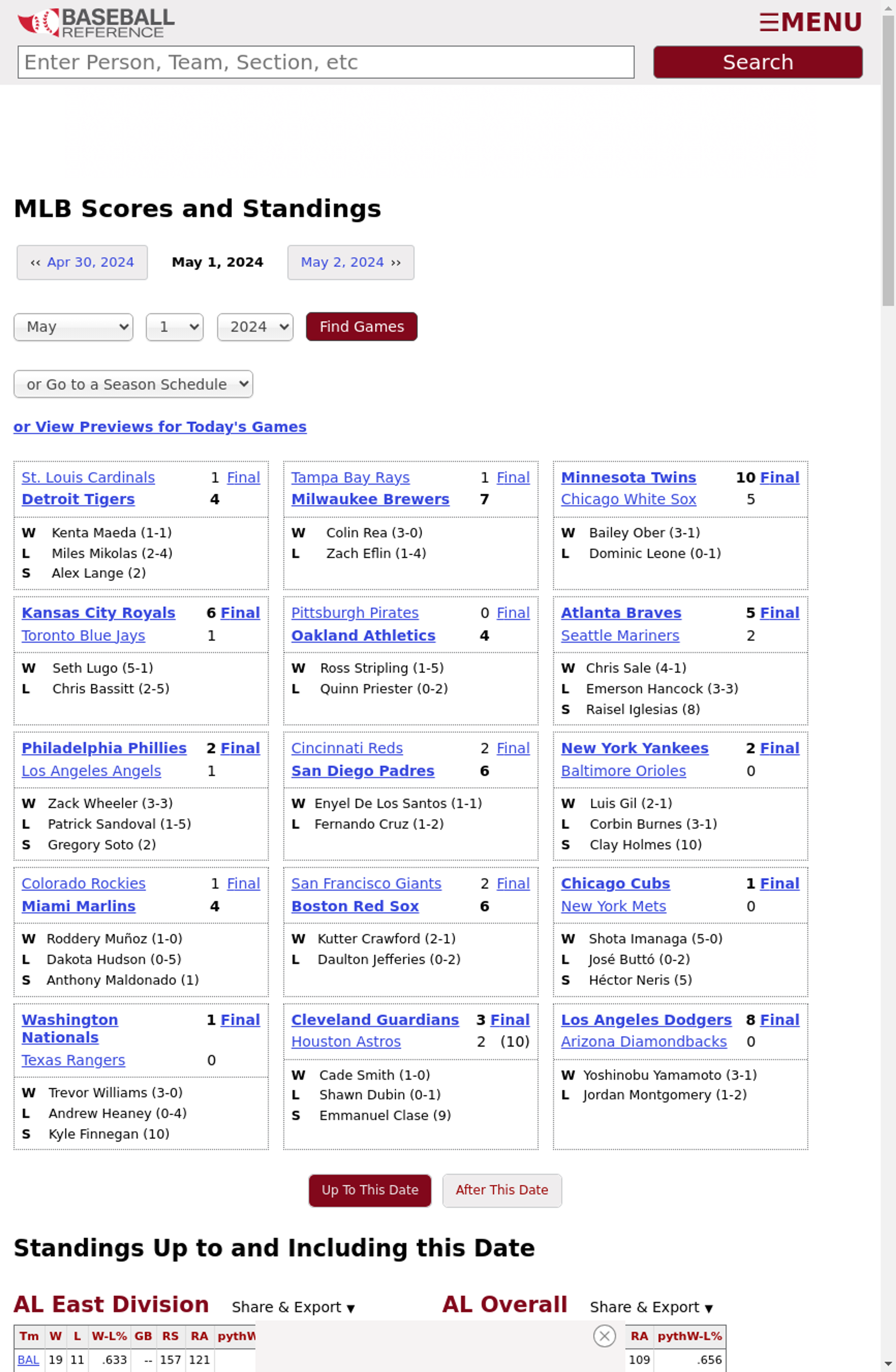Screenshot of MLB box scores on Baseball Reference