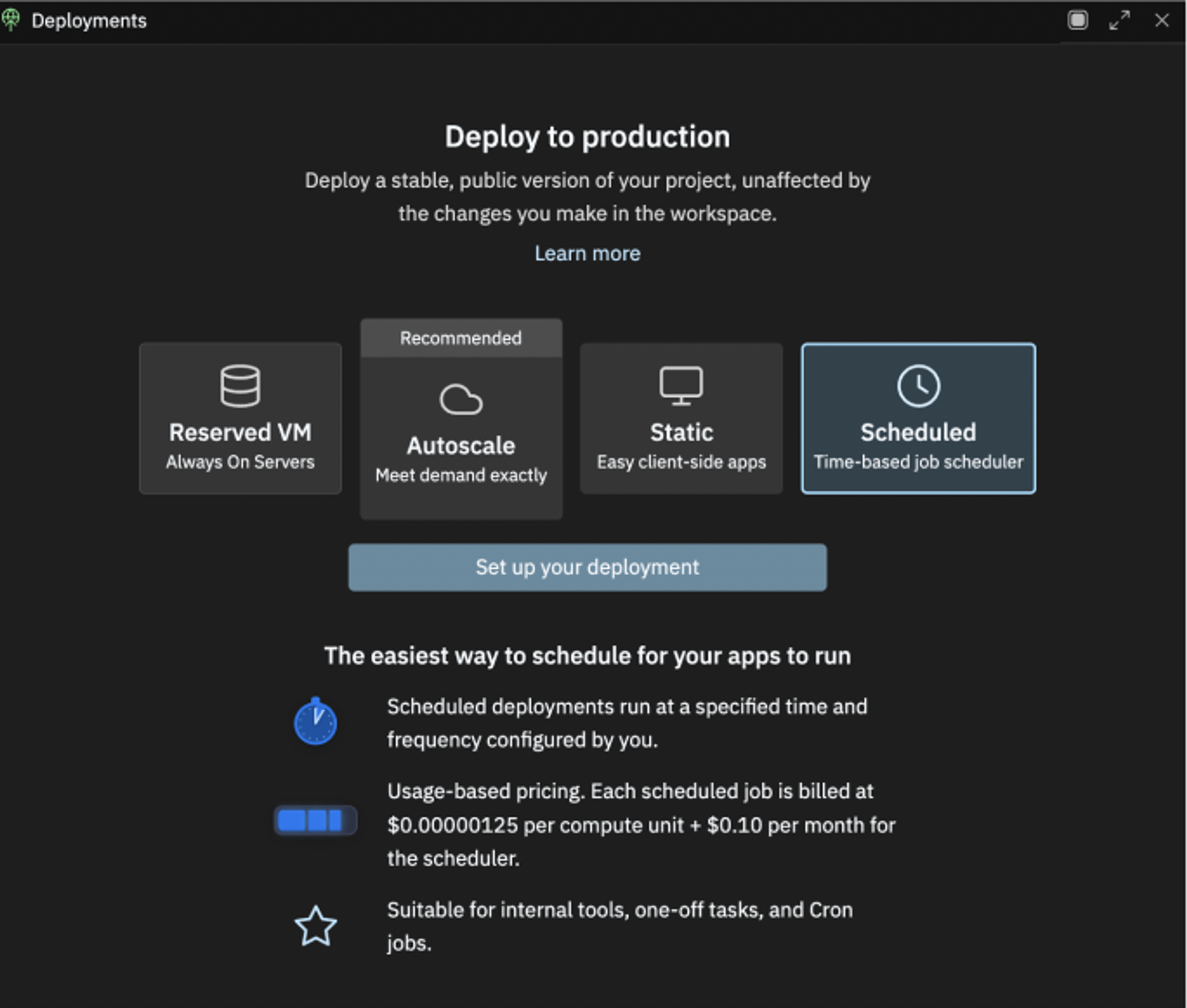 Deployments pane on Replit