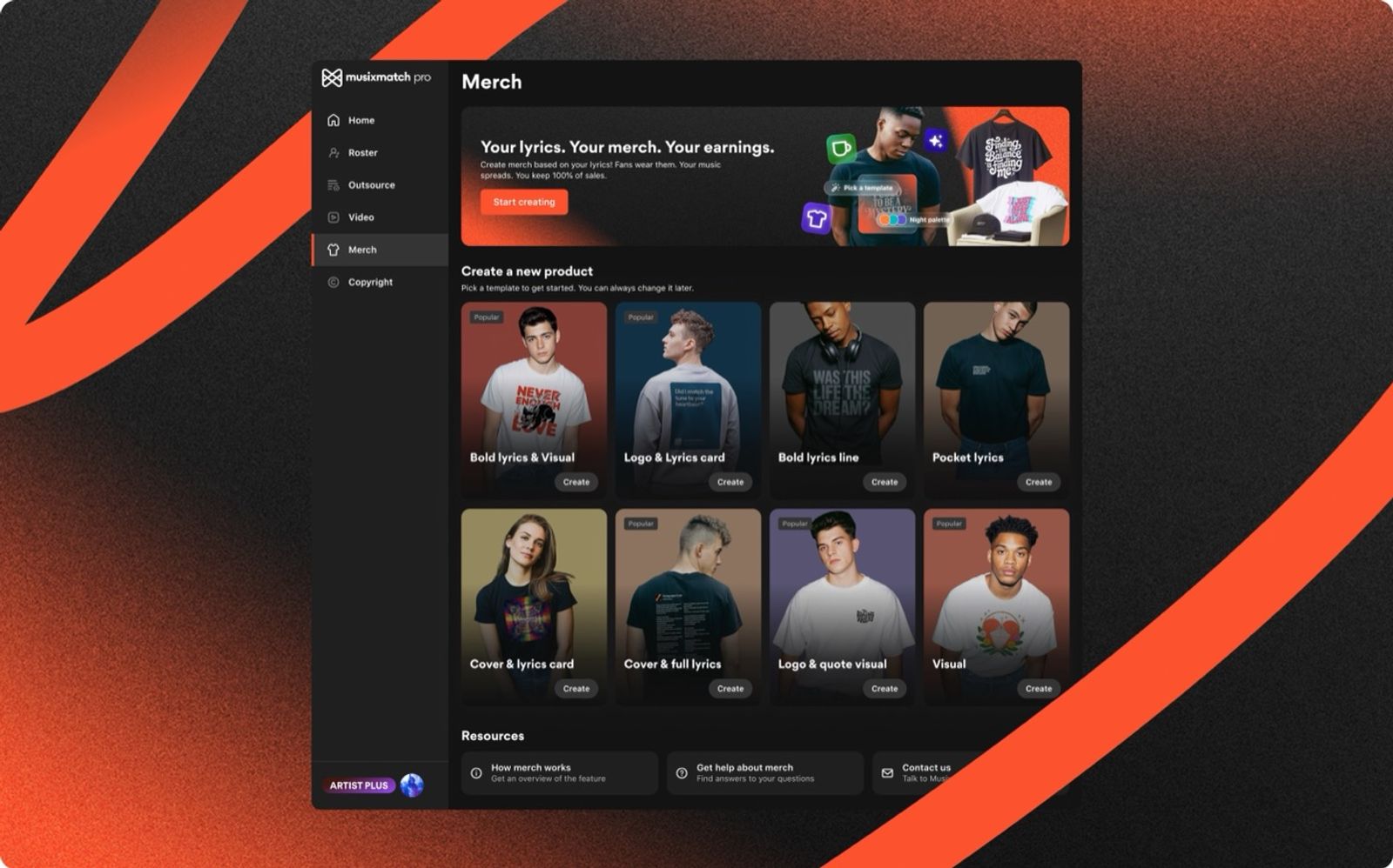 Musixmatch artist merchandise tool built on Replit showing lyric-driven T-shirt design generator with over 1,000 shirts shipped