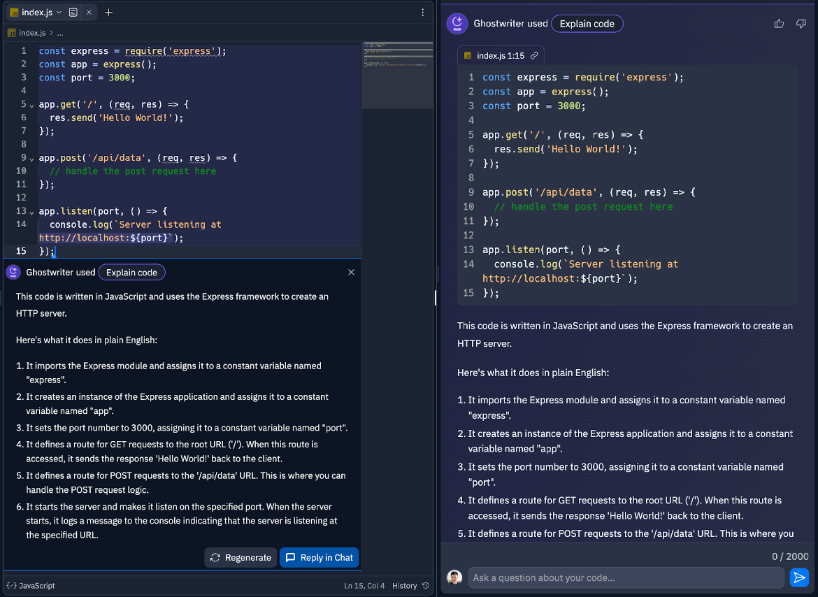 Ghostwriter starting inline and continuing in chat window
